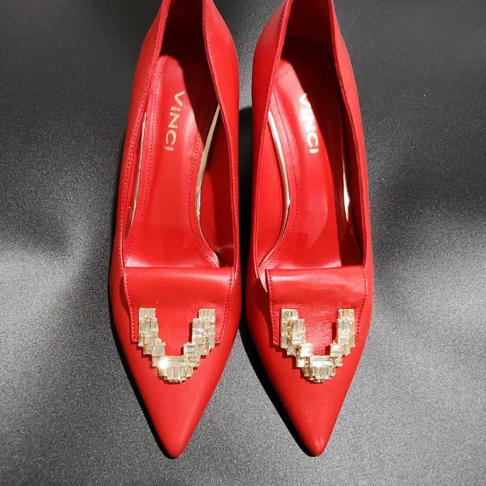 Vinci Red Leather Crystal Buckle Pumps Gold Geometric Block Heel Pointed Toe 39